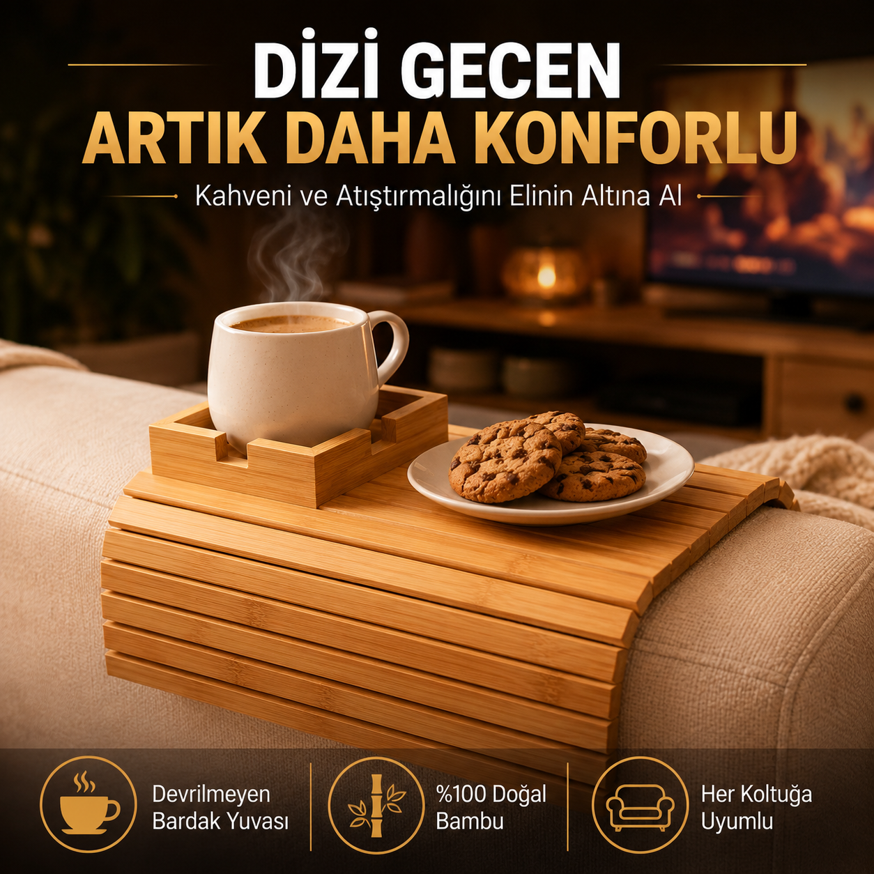 SofaDock™ Katlanabilir Bambu Koltuk Kolçak Sehpası