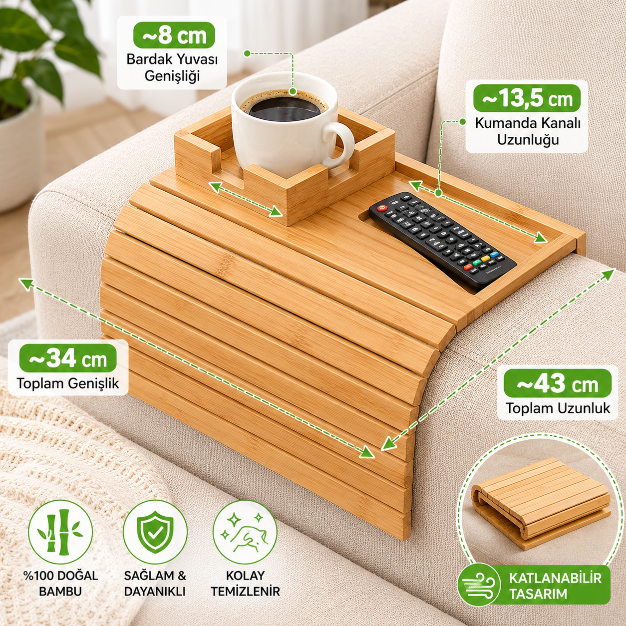 SofaDock™ Katlanabilir Bambu Koltuk Kolçak Sehpası